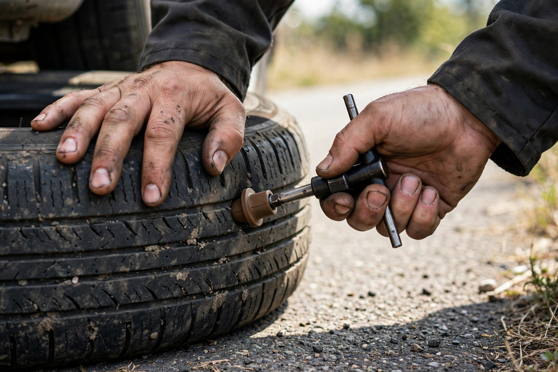 Technician plugging and patching a tire